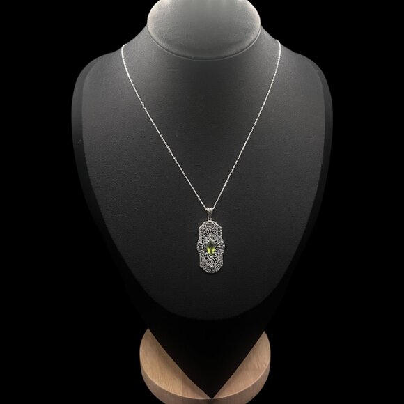 Sterling Silver Green Peridot Filigree Pendant Art Deco Revival 925 Silver Chain - Picture 2 of 7